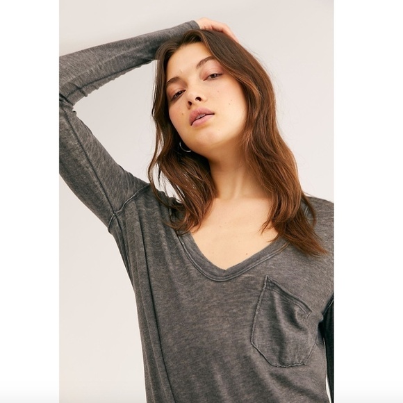 We the Free Distressed Dark Gray Long Sleeve Shirt - Picture 1 of 9